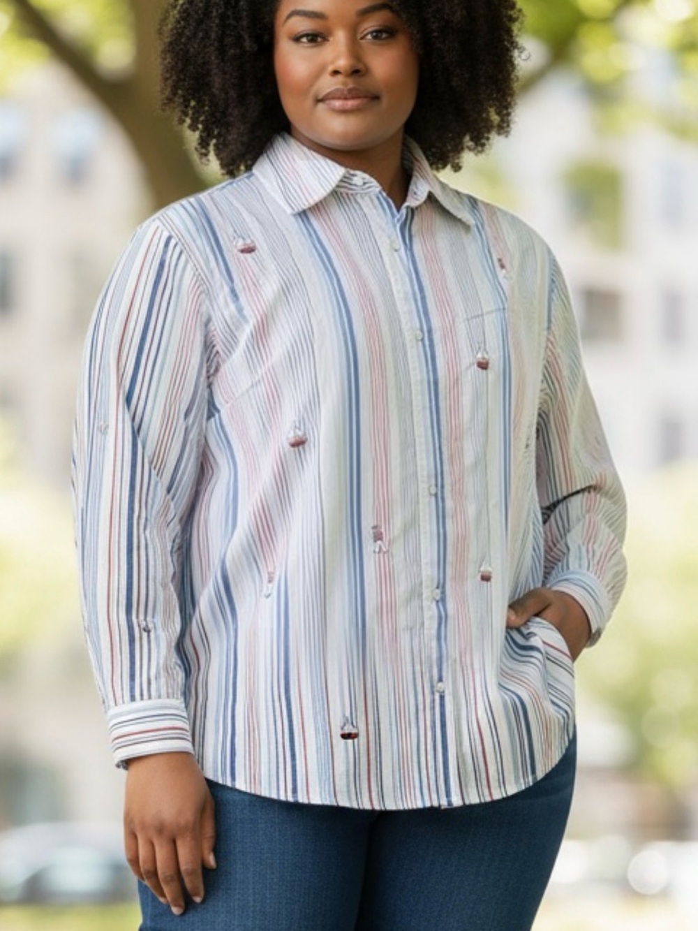 Alfred Dunner Striped Button-Down Shirt in Blue, Pink and Cream